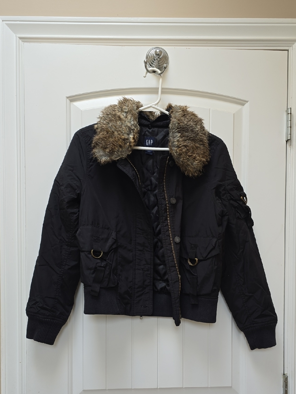 GAP Black Bomber Jacket with Faux Fur Collar
